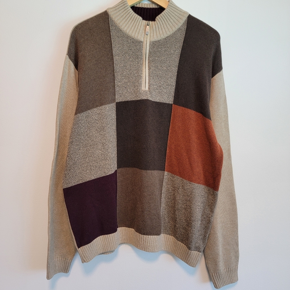 Alex Cannon Mens Sz L 100% Cotton Zip Sweater Elbow Patch Academia Colorblock